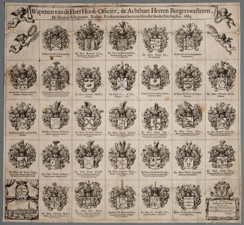 Ornamentprent. Wapenkaart van het stadsbestuur van Enkhuizen uit het jaar 1665.